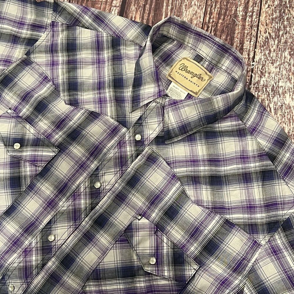 Wrangler Western‎ Pearl Snap Cowboy Men Purple Short Sleeve Plaid Shirt Size 2XL